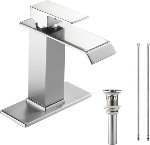 Grifo de baño de níquel cepillado, un solo agujero, mango único, cascada, grifo de lavabo de baño, mezclador, montaje en cubierta con montaje de