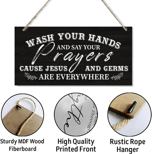 Miniatura 3 de Lave Sus Manos Y Diga Sus Oraciones Letrero, Letrero De Placa De Madera Impresa Para Colgar En La Pared, Letrero De Lavarse Las Manos Para Estilo 04