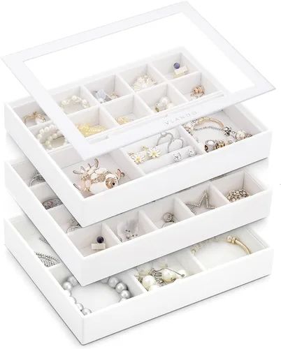 Vlando - Bandeja organizadora de joyas apilable de gran capacidad organizador de cajones bandeja de exhibición caja para anillos aretes collares