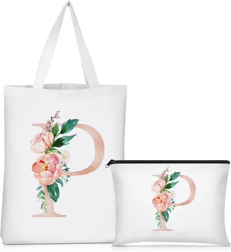 Miniatura 13 de Sanwuta 2 bolsas de lona con inicial, diseño floral con letras florales, bolsas de cosméticos de viaje, bolsas con monograma para mujer, mujer