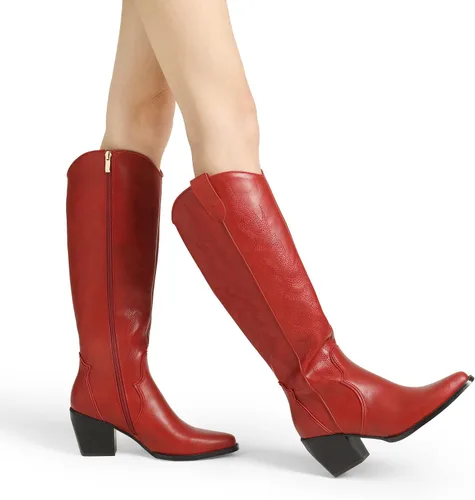 Miniatura 5 de DREAM PAIRS Botas vaqueras para mujer, cómodas, con cremallera, tacón grueso, puntera puntiaguda, bordadas, vaquera occidental, botas altas hasta