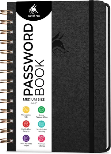 Clever Fox Libro de Contraseñas en Espiral – Organizador de Direcciones de Internet y Contraseñas con Pestañas Alfabéticas Laminadas – Diario Negro