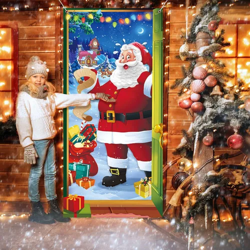 Miniatura 5 de Irenare Decoraciones navideñas para puerta delantera, cubierta de puerta de Papá Noel, cartel colgante de vacaciones de invierno, telón de fondo