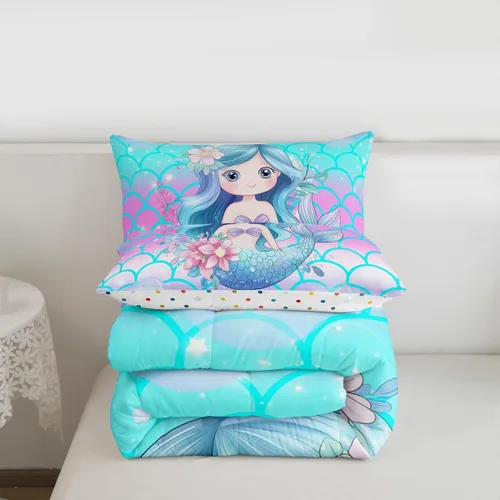 Miniatura 7 de Erosebridal Juego de edredón de sirena para niños, tamaño matrimonial, para niñas, ropa de cama de sirena brillante azul y rosa, juego de ropa