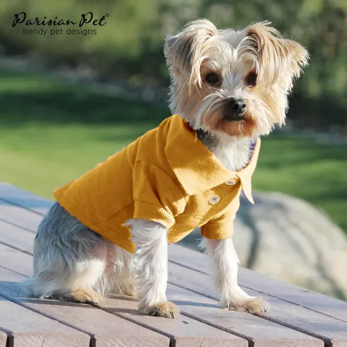 Miniatura 6 de Parisian Pet Polo para perro – Camisa de algodón transpirable en amarillo sólido – Ropa de verano tipo pullover con cuello abotonado para perros