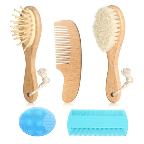 Juego de cepillo de cerdas de cabra natural de madera y peine de tapa de cuna, kit de aseo 5 en 1 para recién nacidos, niños pequeños, niños y niñas