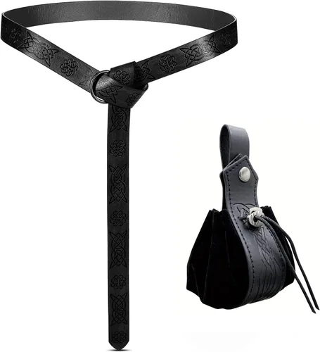 Cinturón medieval con anillo tórico en relieve con bolsa de cuero sintético con cordón, monedero portátil nórdico retro, bolsa de cinturón vintage