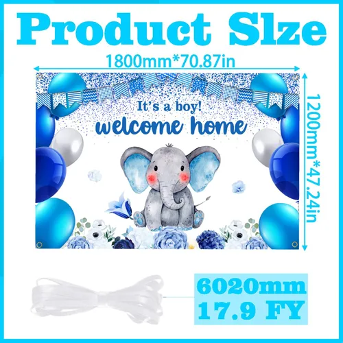 Miniatura 4 de Cartel de revelación de género con texto en inglés "I'm a Boy" para fiesta de baby shower, cabina de fotos, decoración de fondo de elefante azul