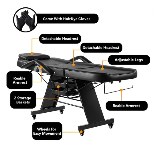 Miniatura 7 de Silla de tatuaje para cliente, silla facial con ruedas, cama de tatuaje ajustable de 73 pulgadas para mesa de masaje de artista, con taburete, cama