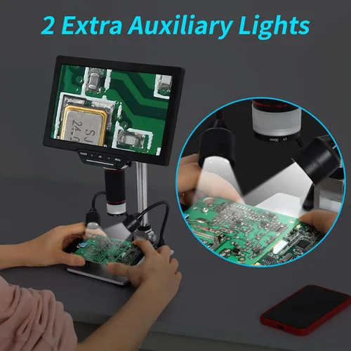 Miniatura 4 de Koolertron Soporte de microscopio digital LCD, brazo de extensión de aluminio de 12 pulgadas con 2 luces de llenado, soporte de enfoque manual
