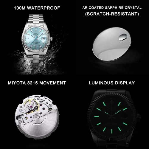 Miniatura 7 de CADISEN Reloj mecánico automático de acero inoxidable de lujo de marca impermeable de 328.1 ft para hombre de diseño H0mage