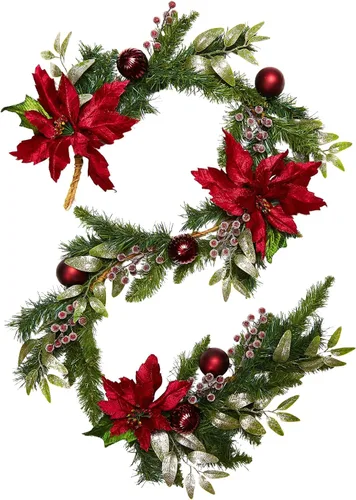 Guirnalda de 6 pies de flores de Poinsettia de Navidad para puerta, repisa de chimenea, invierno, Navidad, guirnalda de pino con bolas, Poinsettias,