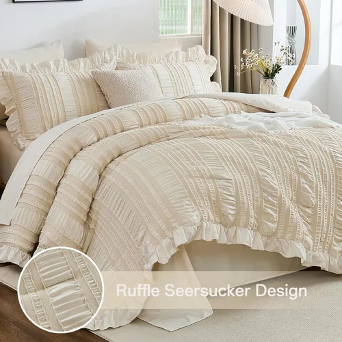 Miniatura 2 de WONGS BEDDING Juego de edredón individual, 6 piezas de cama beige en una bolsa para dormitorio, edredón bohemio con volantes para cama individual