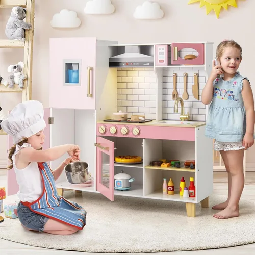 Miniatura 9 de Costzon Juego de Cocina Infantil de Madera, Cocina de Simulación con Parrilla BBQ, Fabricador de Hielo, Campana Extractora, Pizarra y Accesorios
