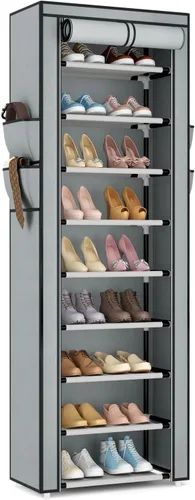 Miniatura 13 de VILICK - Zapatero con cubierta, organizador de zapatos estrecho con 4 bolsillos laterales, estante alto de 10 niveles, almacenamiento para 18-22