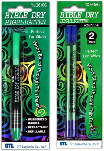 G.T. Luscombe Company, Inc. Resaltador recargable Bible Dry con 2 paquetes de recambios (verde)