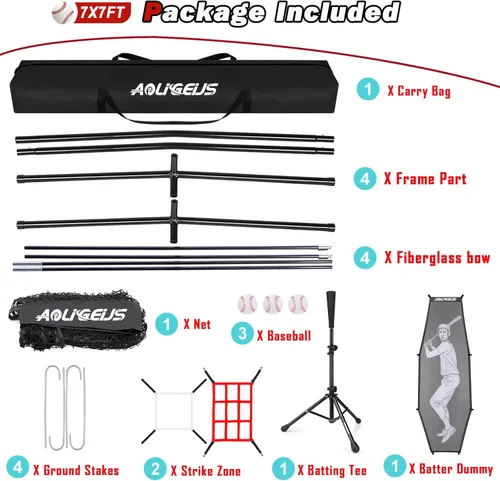 Miniatura 9 de Red de práctica de sóftbol de béisbol de 7 x 7 pies, red de lanzamiento, red de bateo, con sistema de recolección de pelotas grandes, kit