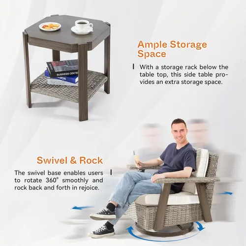 Miniatura 5 de Joyside Silla de patio con mesa auxiliar, juego de muebles de mimbre para patio, 2 piezas, silla mecedora giratoria de 360 grados para exteriores