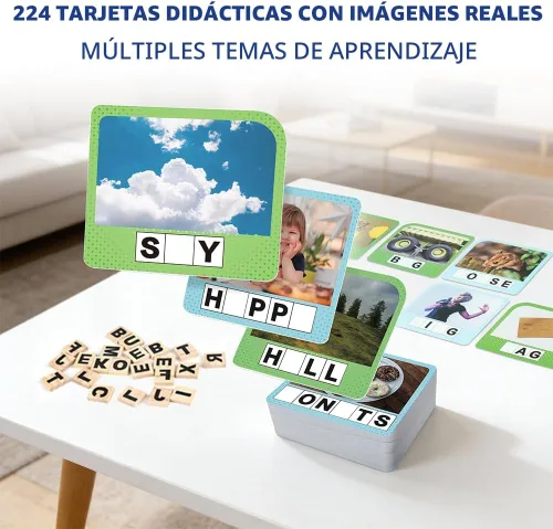 Miniatura 5 de BenBen Juegos de Ortografía, 224 Tarjetas de Memoria, 208 Fichas de Letras de Madera, 1-4 Jugadores, Juegos de Aprendizaje para Niños de 4-8 Años