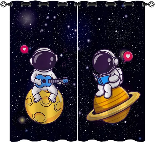 Miniatura 12 de Cortinas opacas con diseño de cohetes de dibujos animados para niñas y niños, decoración del hogar, aventura en el espacio, galaxia, planetas, azul