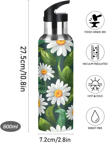 Miniatura 9 de BPA-Free Sports Water Bottle 32 Oz, Insulated Stainless Steel Water Bottle with Straw for Gym Outdoor Travel School, White Daisy Flowers Green Leaves
