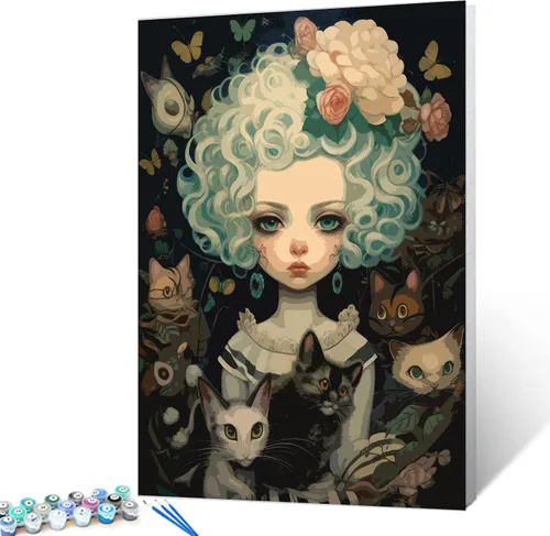 Miniatura 2 de Tucocoo Muñeca de pelo rizado y su gato DIY pintura al óleo por números para adultos principiantes con marco, muñecas geniales pintura por número