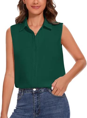 Miniatura 11 de YAMANMAN Camisa sin mangas con botones para mujer, blusa clásica con cuello redondo, camiseta básica de gasa para el trabajo y la oficina