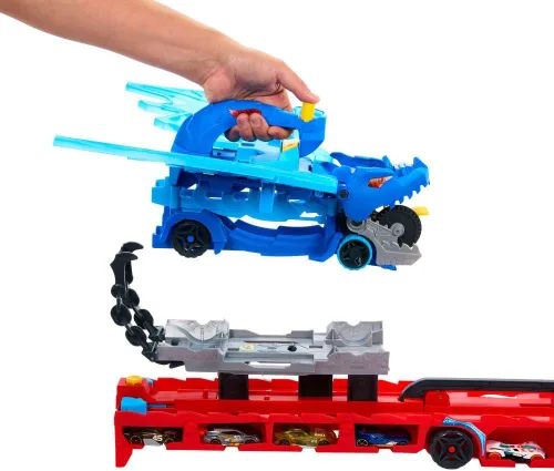 Miniatura 4 de Hot Wheels City Toy Car Track Set, Ultimate Dual Dragon Transporter y 2 autos fundidos a presión, dragón desmontable y a gran escala, almacena más