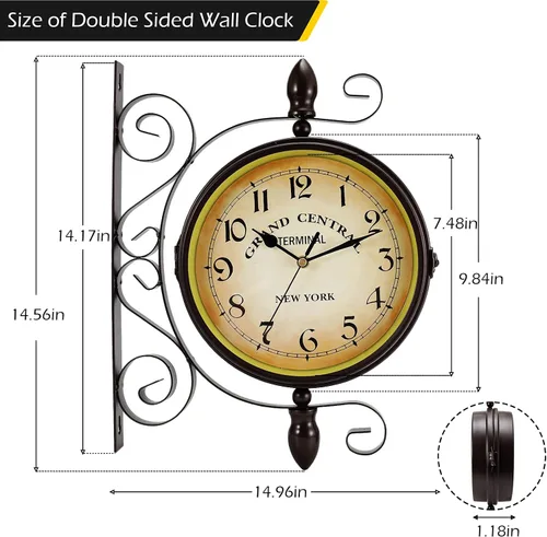 Miniatura 4 de Dyna-Living Reloj de pared de doble cara de 8 pulgadas, reloj vintage montado en la pared, rotación de 360 grados, relojes de pared antiguos, reloj