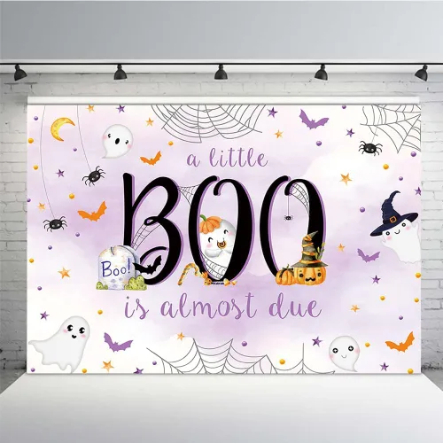 Miniatura 9 de MEHOFOND Telón de fondo de Halloween de 7 x 5 pies para baby shower con texto en inglés "A Little Boo is Almost Due Blue Water" para niño