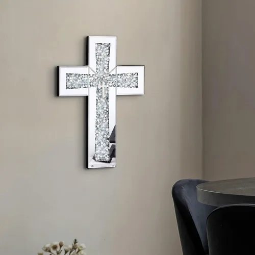 Miniatura 7 de Aeveco Cruz de Pared para Decoración, Cruz Espejo Plateada para Sala de Estar, Cruces de Espejo con Diamantes de Cristal Triturados, Arte Religioso