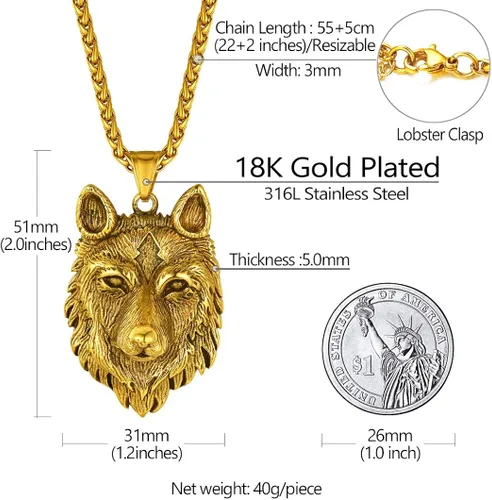 Miniatura 5 de Richsteel Necklaces for Men 316 Stainless Steel18K Gold PlatedBlack Wolf Pendant Viking Nordic Jewelry