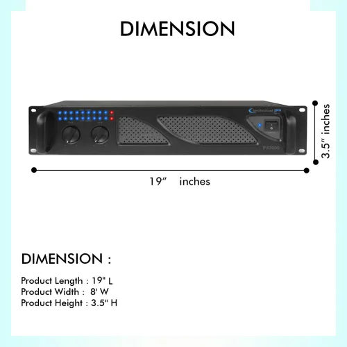 Miniatura 3 de Technical Pro Amplificador de potencia profesional de DJ de 2 canales de 1000 vatios 2U con ventiladores de doble velocidad de enfriamiento