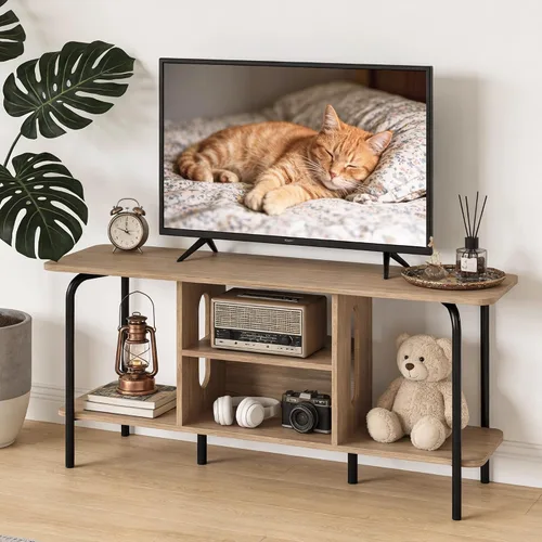Manora Soporte de TV para televisores de hasta 55 pulgadas, centro de entretenimiento simple y moderno con estantes de almacenamiento abiertos de 3