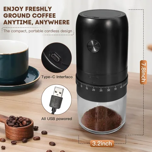 Miniatura 3 de Molinillo eléctrico portátil de granos de café, rebabas cónicas de cerámica mejoradas con 40 niveles externos ajustables finos a ajustes gruesos