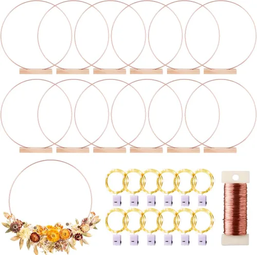 Miniatura 10 de Paquete de 12 aros florales con soporte y luces LED de hadas de 10 pulgadas, anillos de metal para centros de mesa de bricolaje, decoraciones