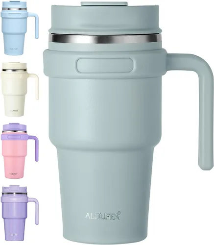 Miniatura 12 de Taza/vaso de café aislado de 20 onzas con asa, vaso de viaje de acero inoxidable con tapa y popote, vaso de doble pared con aislamiento al vacío a