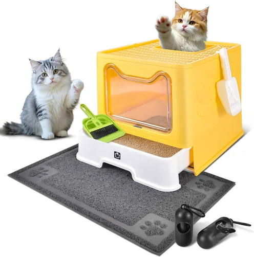 Miniatura 9 de Caja de arena cubierta para gatos con alfombrilla de arena, plegable, extra grande, puerta ajustable de doble entrada, diseño de cajón, caja de Azul