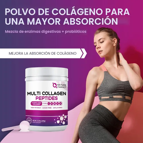 Miniatura 5 de NATURE TARGET Polvo de Péptidos de Colágeno Múltiple - Tipo I, II, III, V, X - Péptidos de Colágeno Hidrolizados con Vitamina C y Ácido Hialurónico