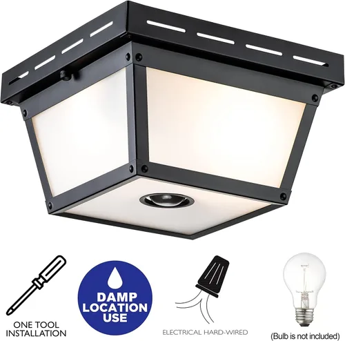 Miniatura 4 de Lámpara de techo con sensor de movimiento de 2 luces, luz empotrada para exteriores, luces de porche, montaje en techo negro con vidrio texturizado
