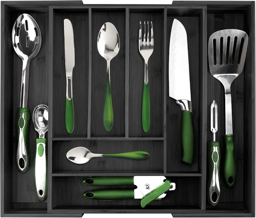 Miniatura 15 de Pristine Bamboo bandeja organizadora de cubiertos – Utensilios de mesa, cubiertos, soporte de cubiertos para cajón – Organizador de cajón de madera