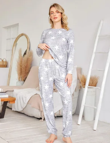 Miniatura 2 de Ekouaer Conjunto de pijama de manga larga para mujer, ropa de dormir con estampado de estrellas, pijamas suaves con bolsillos