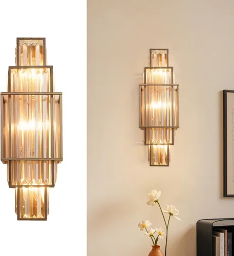 Miniatura 8 de Moderno aplique de pared de cristal de lujo con 2 luces doradas de latón de mediados de siglo, elegante lámpara de pared para dormitorio, pasillo
