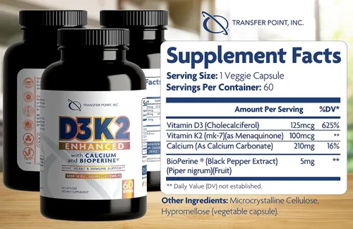 Miniatura 2 de D3K2 mejorado con calcio y bioperine® - 5000 UI de vitamina D3 + 100 mcg de vitamina K2 MK-7 - Fórmula una vez al día, 60 cápsulas