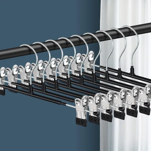 Paquete de 10 perchas resistentes de 12 pulgadas para faldas y pantalones con clips, perchas de metal para pantalones de mezclilla, color negro,