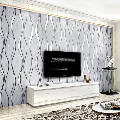 Miniatura 7 de Q QIHANG Moderna curva minimalista 3D ondulación de agua tridimensional flocado no tejido papel tapiz dormitorio sala de estar TV fondo pared Crema