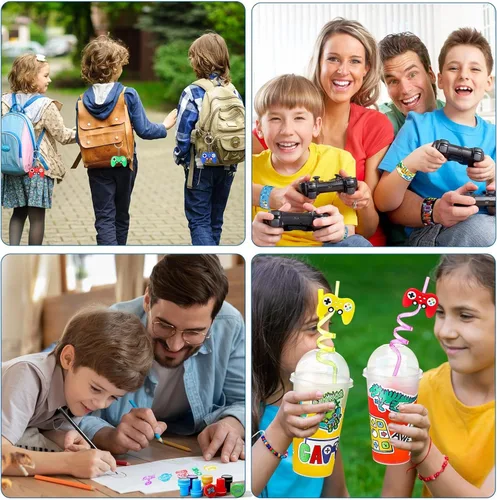 Miniatura 7 de Lenwen Juego de 128 piezas de recuerdos de fiesta de videojuegos, incluye popotes reutilizables para jugadores, tazas 3D, calcomanías hinchadas