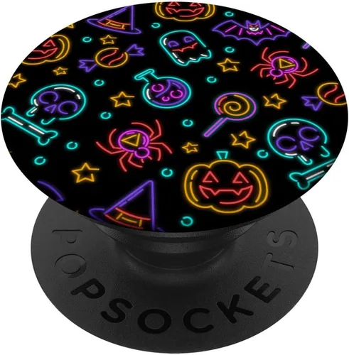 Halloween patrón fantasma, murciélago, araña, caramelo, calavera y calabaza PopSockets agarre y soporte para teléfonos y tabletas