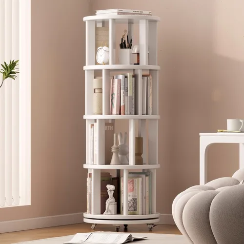 Muwuele Estantería giratoria de madera maciza con ruedas, 4 niveles, estantería giratoria redonda, torre giratoria de 360° para niños, estanterías