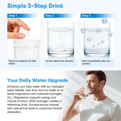 Miniatura 5 de Tabletas de hidrógeno molecular, tabletas H2 de 8 ppm para agua, tabletas de agua de hidrógeno para mejorar la hidratación y energía, píldoras